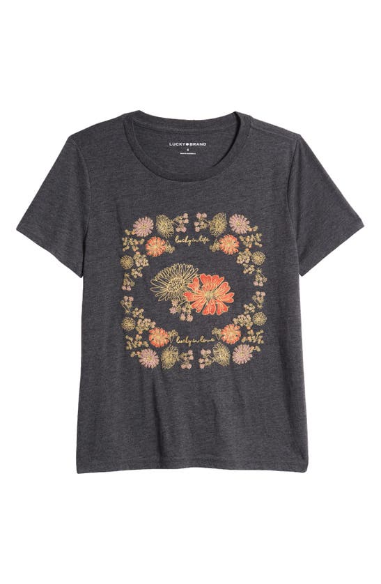 Shop Lucky Brand Floral Embroidered Graphic T-shirt In Charcoal Heather Grey