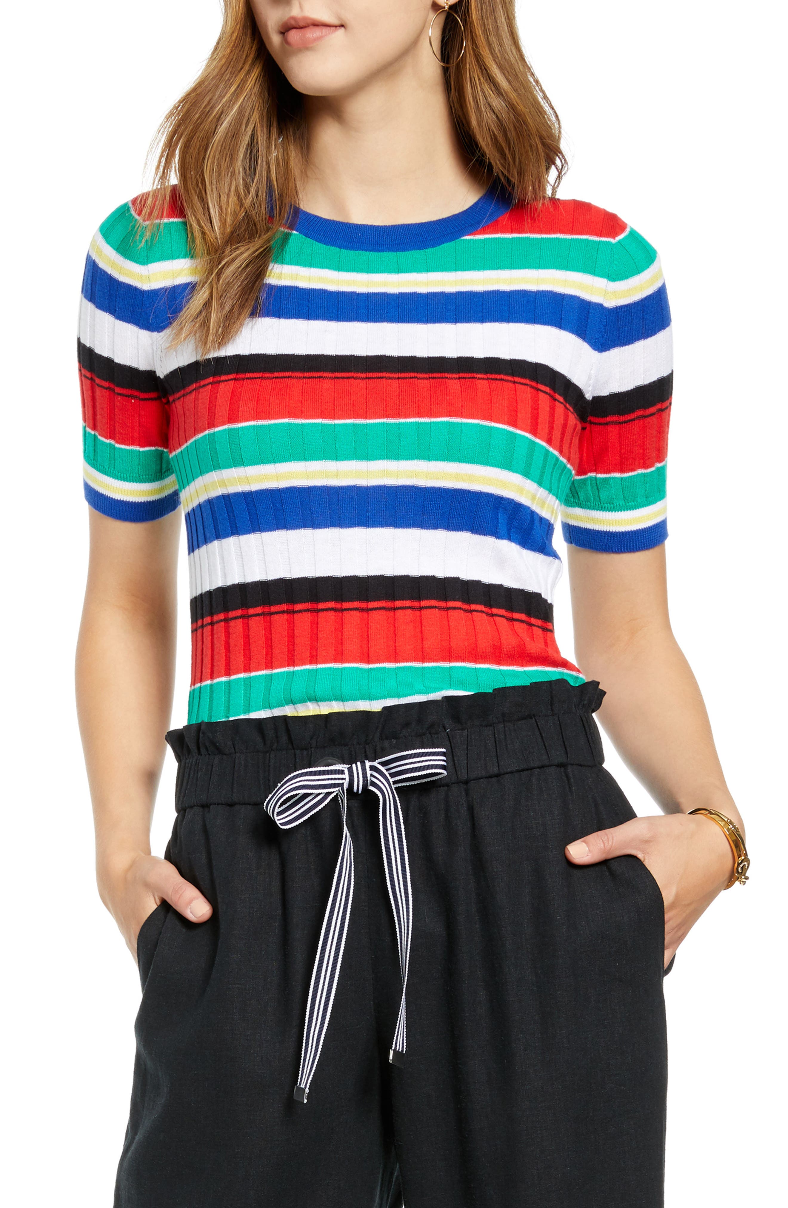 1901 Multistripe Short Sleeve Ribbed Sweater