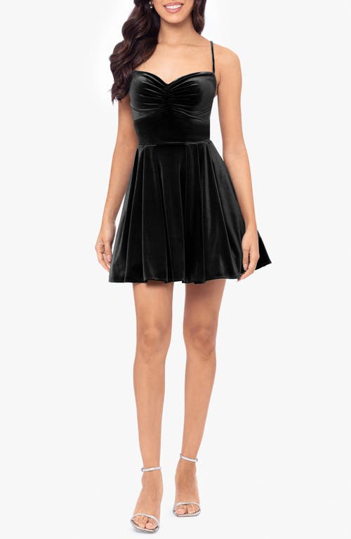 Shop Blondie Nites Lace-up Back Stretch Velvet Fit & Flare Minidress In Black