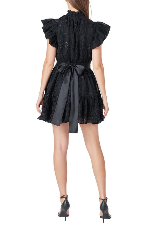 Endless Rose Metallic Ruffle Smocked Chiffon Minidress In Black