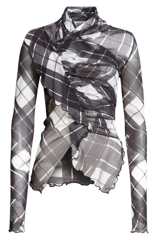 Shop Jean Paul Gaultier Draped Plaid Long Sleeve Mesh Top In Black/grey/white