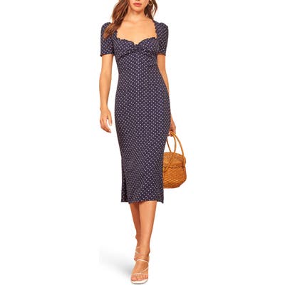 Reformation Marfa Ruffle Trim Midi Dress, Blue