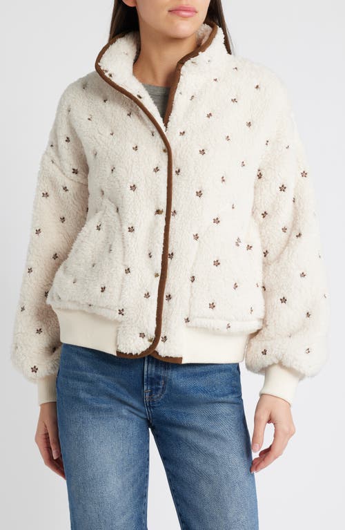 THE GREAT. The Blackbird Floral Embroidery High Pile Fleece Jacket in Cream 