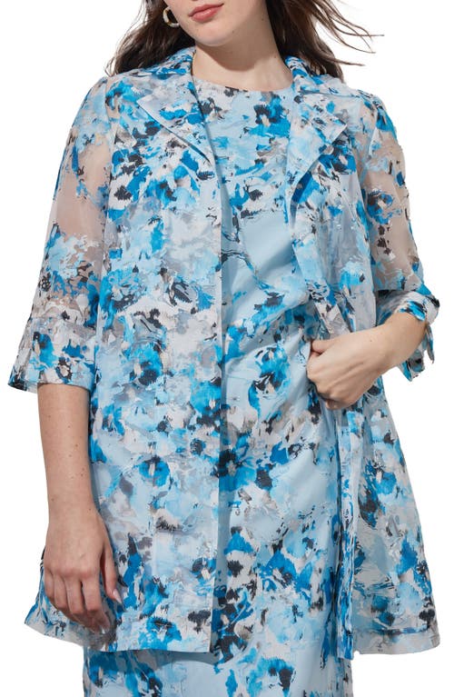Ming Wang Floral Sheer Open Front Elbow Sleeve Jacket In Blue