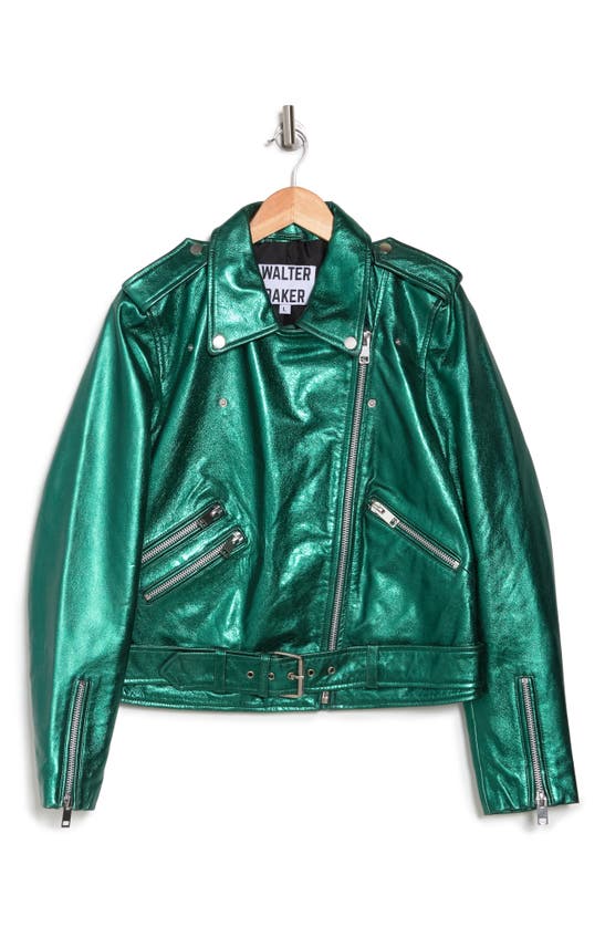 Walter Baker Allison Leather Moto Jacket In Emerald Metallic