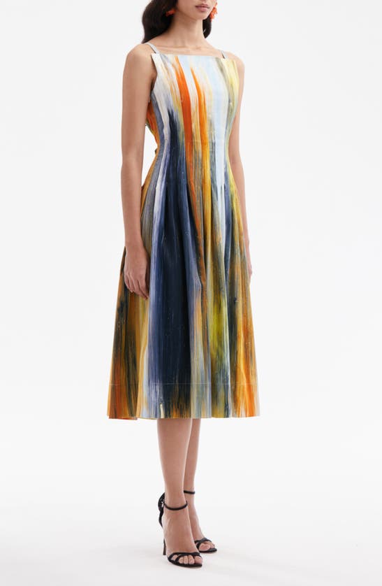 Shop Oscar De La Renta Abstract Brushstroke Stretch Cotton Midi Dress In Calendula Multi