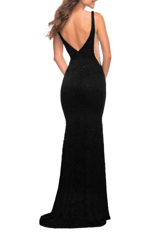 La Femme Chic Stretch Lace Gown With Deep V Neckline In Black