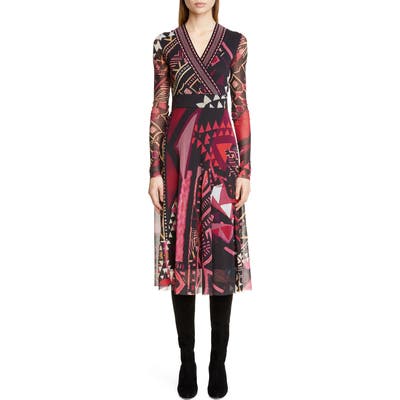 Fuzzi Mixed Print Long Sleeve Midi Dress, Black