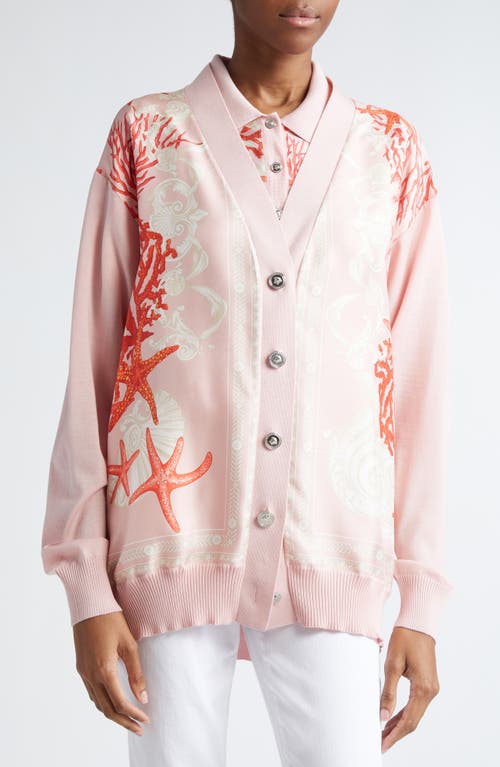 Shop Versace La Vacanza Print Mixed Media Silk Twill & Virgin Wool Blend Cardigan In Dusty Rose Coral Bone
