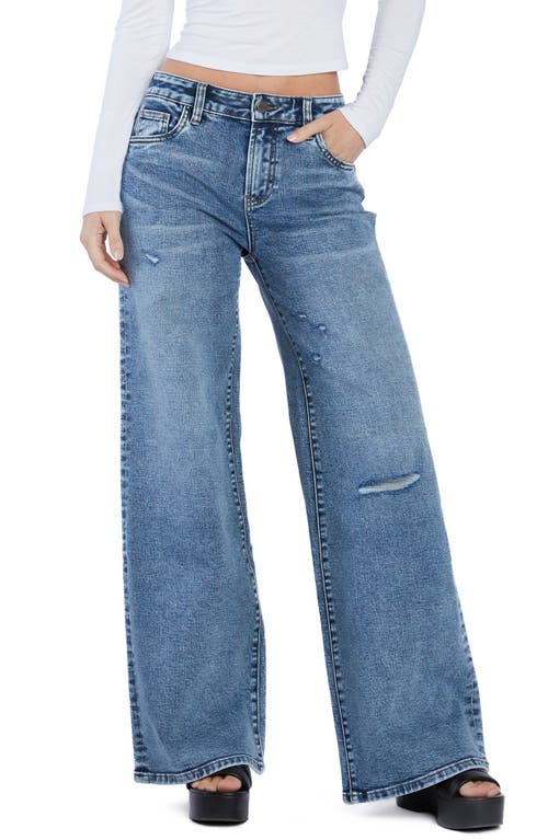 Hint Of Blu Torn Ripped Mighty Wide Leg Jeans In Authentic Blue