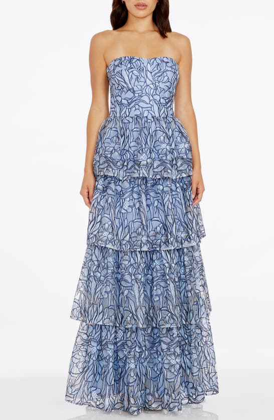 Shop Dress The Population Aubriella Beaded Floral Strapless Tiered Gown In Mineral Blue Multi
