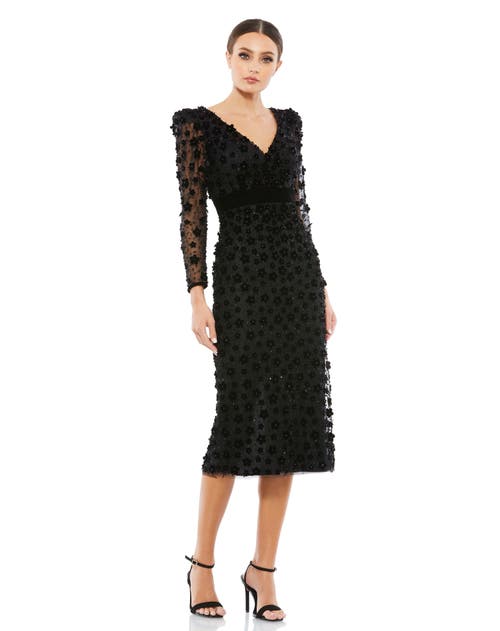 Mac Duggal Embellished V Neck Illusion Long Sleeve Column Midi Dress In Black