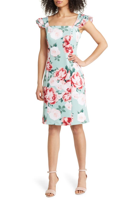 Donna Ricco Floral Ruffle Sleeve Sheath Dress In Mint Multi