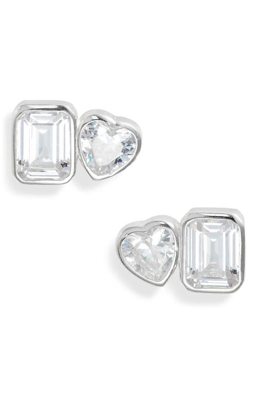 Fancy 2-Stone Bezel Stud Earrings in Silver/White