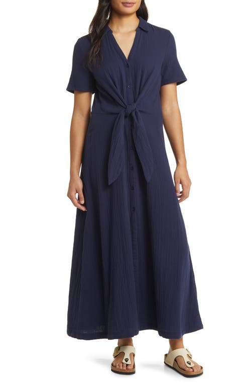 caslon(r) Vacation Tie Front Gauze Shirtdress in Navy Peacoat