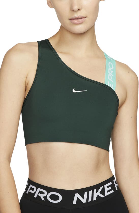 Nike Dri-fit Swoosh Asymmetric Sports Bra In Pro Green/ Washed Teal/ White