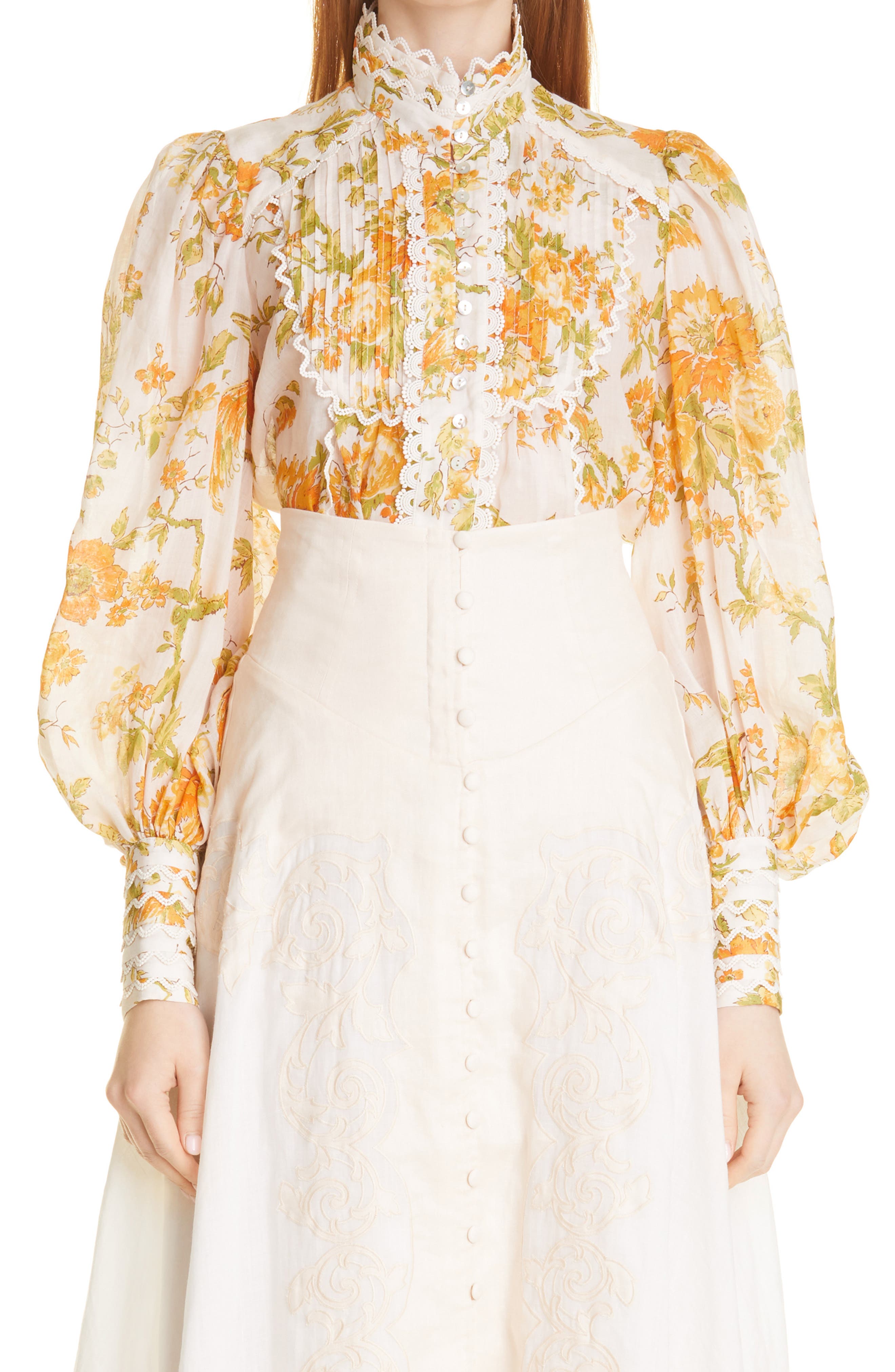 ALEMAIS Songbird Print Balloon Sleeve Blouse in Citrus at Nordstrom, Size 8