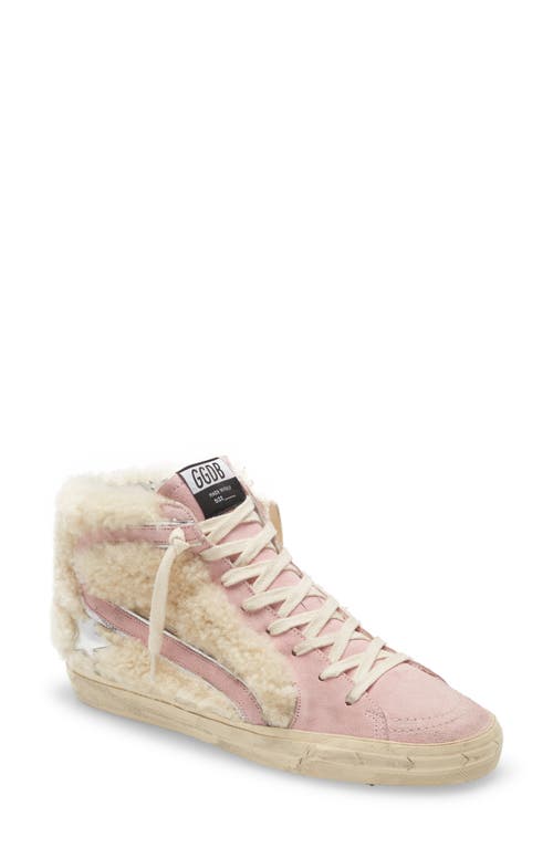 Golden Goose Slide High Top Sneaker with Genuine Shearling Trim in Beige/Baby Pink/Silver at Nordstrom, Size 10Us