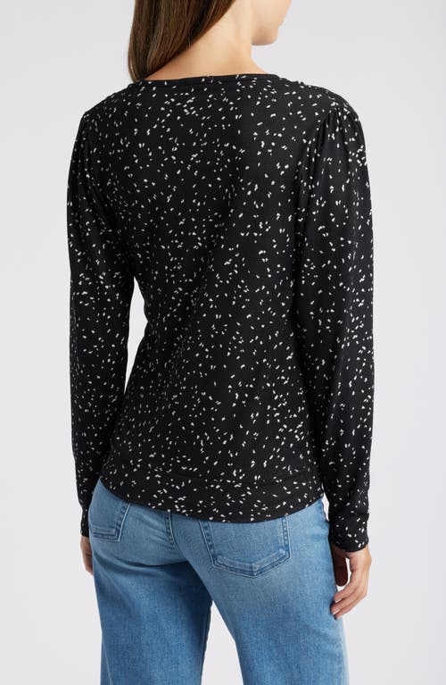 Loveappella Dot Print Faux Tie Wrap Top In Black/ Nat