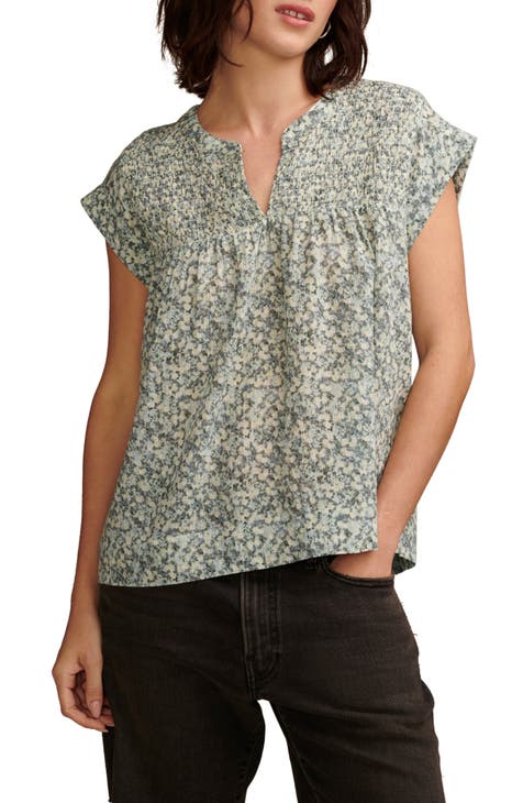 Lucky Brand Women's Square Neck Short Sleeve Top (Green Floral, Small) at   Women's Clothing store