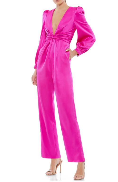 Mac Duggal Plunge Neck Long Sleeve Satin Jumpsuit in Fuchsia