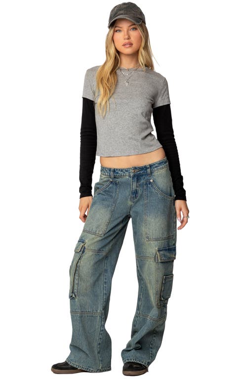 Edikted Layered Look Long Sleeve Cotton T-shirt In Gray-melange
