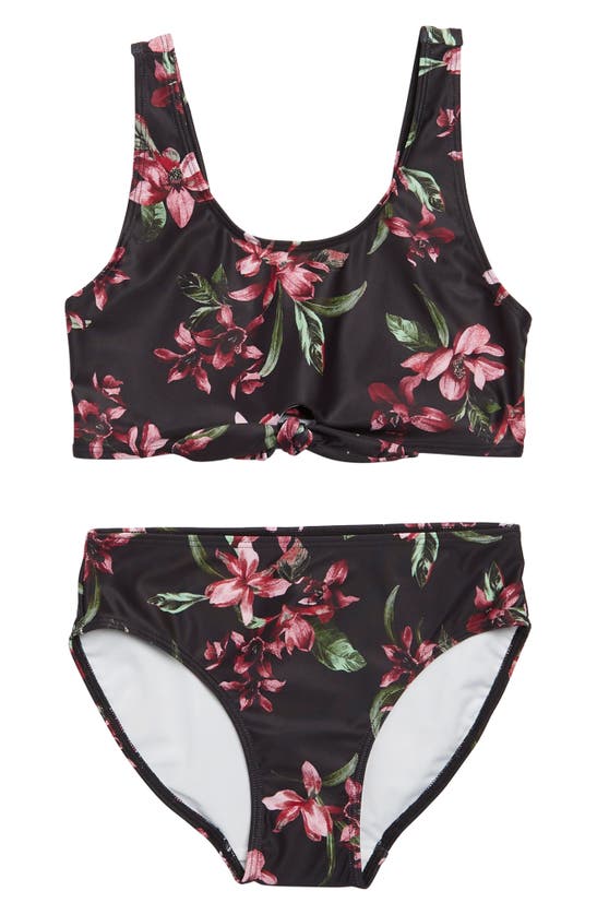 Melrose And Market Kids' Tie Front Two-piece Swimsuit In Black- Pink Tropicalia