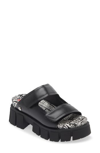 Shop Love Moschino Platform Slide Sandal In Black/logone/white