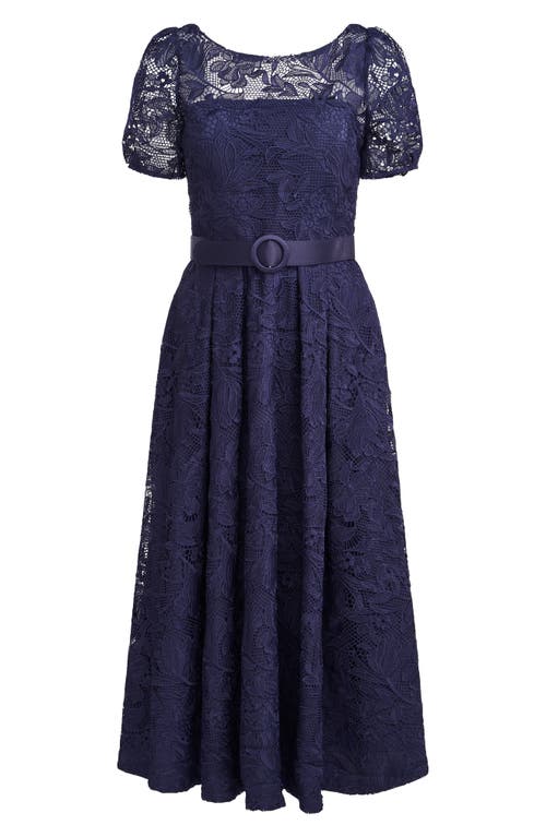 Shop Kay Unger Haisley Belted Lace Cocktail Dress In Dark Twilight