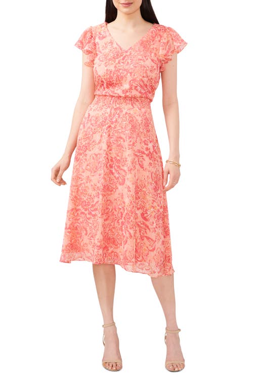CHAUS CHAUS FLORAL METALLIC SMOCKED WAIST MIDI DRESS