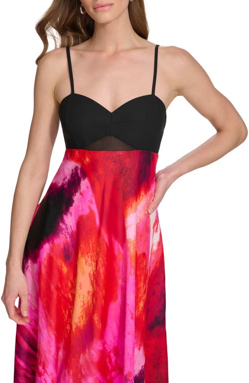 Dkny Mixed Media Satin Back Crepe Midi Dress In Black/shocking Pink Multi