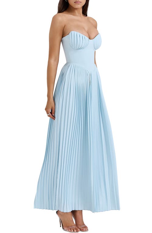 Shop House Of Cb Marcella Strapless Pleated Georgette Gown In Stratosphere