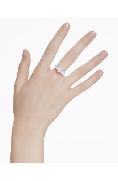 Swarovski Matrix Crystal & Imitation Pearl Cocktail Ring In Rhodium Plated In Silver/white
