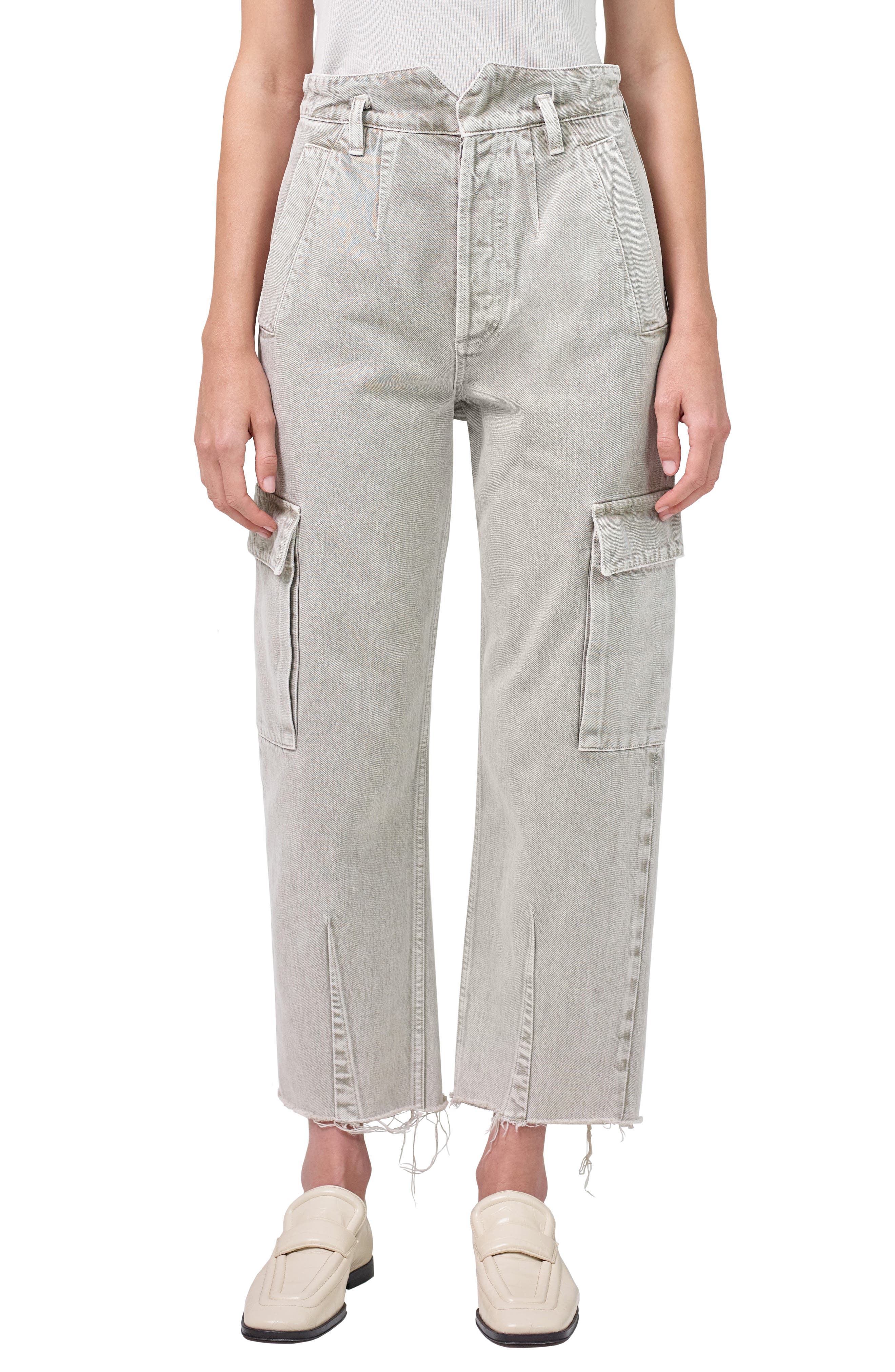 Citizens of Humanity Gema Raw Hem Wide Leg Utility Jeans in White Sage