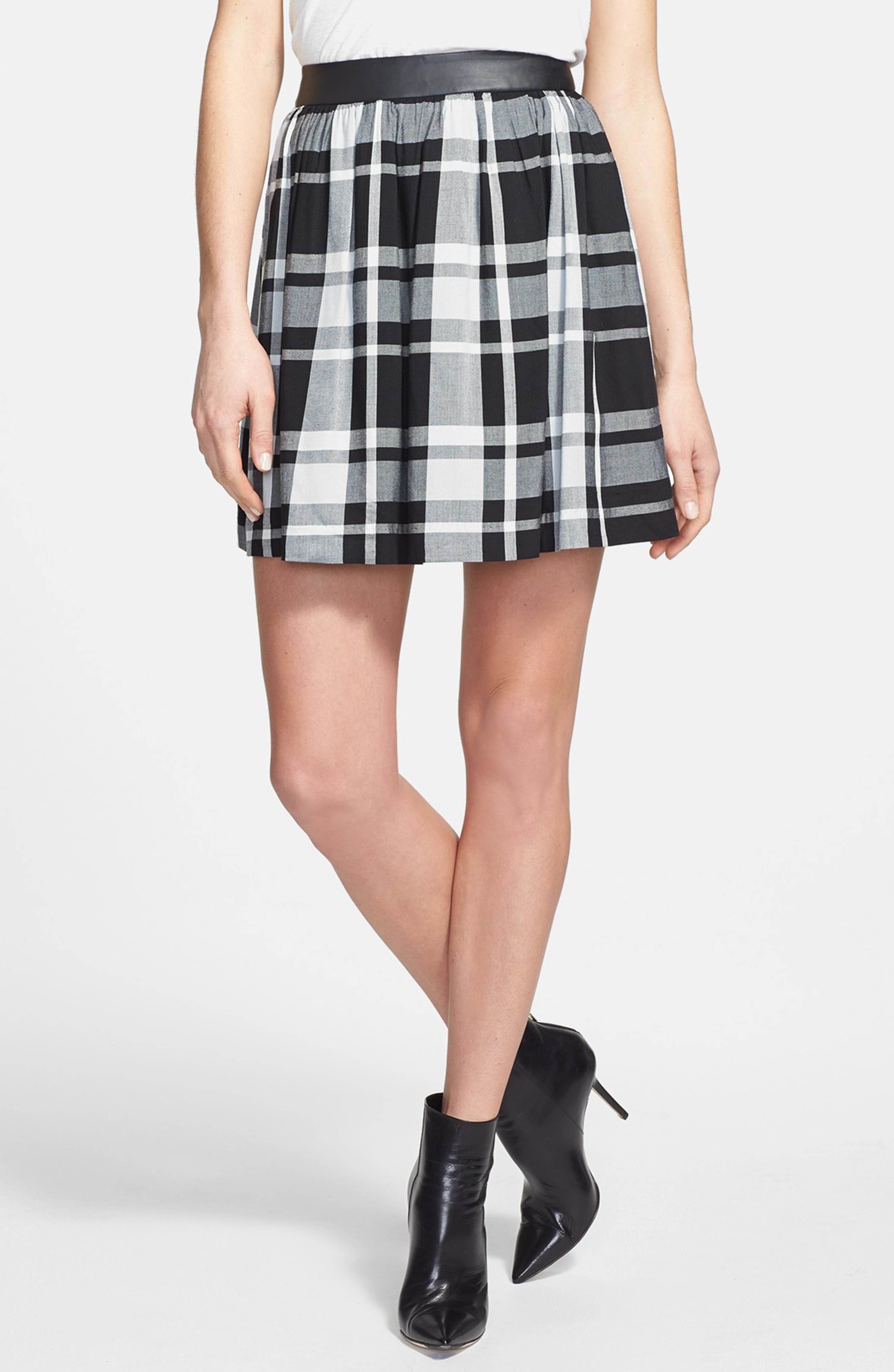 kensie Faux Leather Waistband Plaid Skirt | Nordstrom