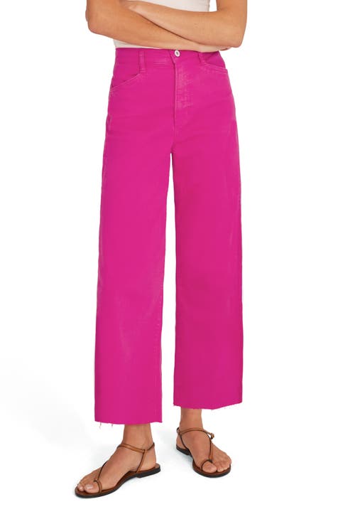 Bright Summer Pink High Waist Slit Wide Leg Pants