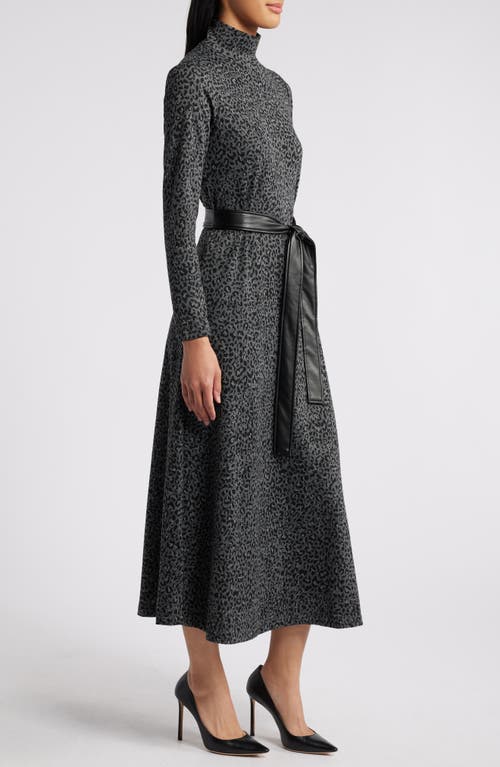 Shop Anne Klein Leopard Belted Mock Neck Long Sleeve Midi Dress In Mid Heather Grey Multi