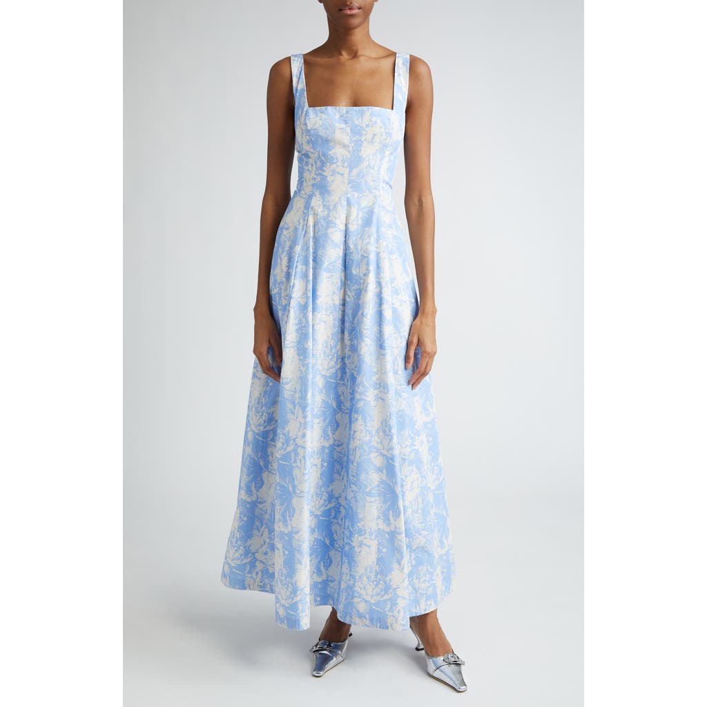 Shop Lela Rose Floral Pleated Square Neck Cotton Sundress In Oxford/ivory