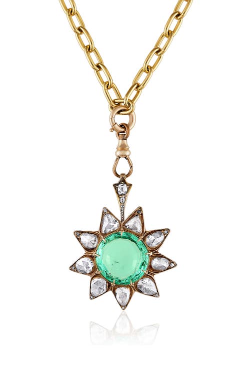 Emerald & Diamond Sunburst Pendant Necklace in Yellow Gold
