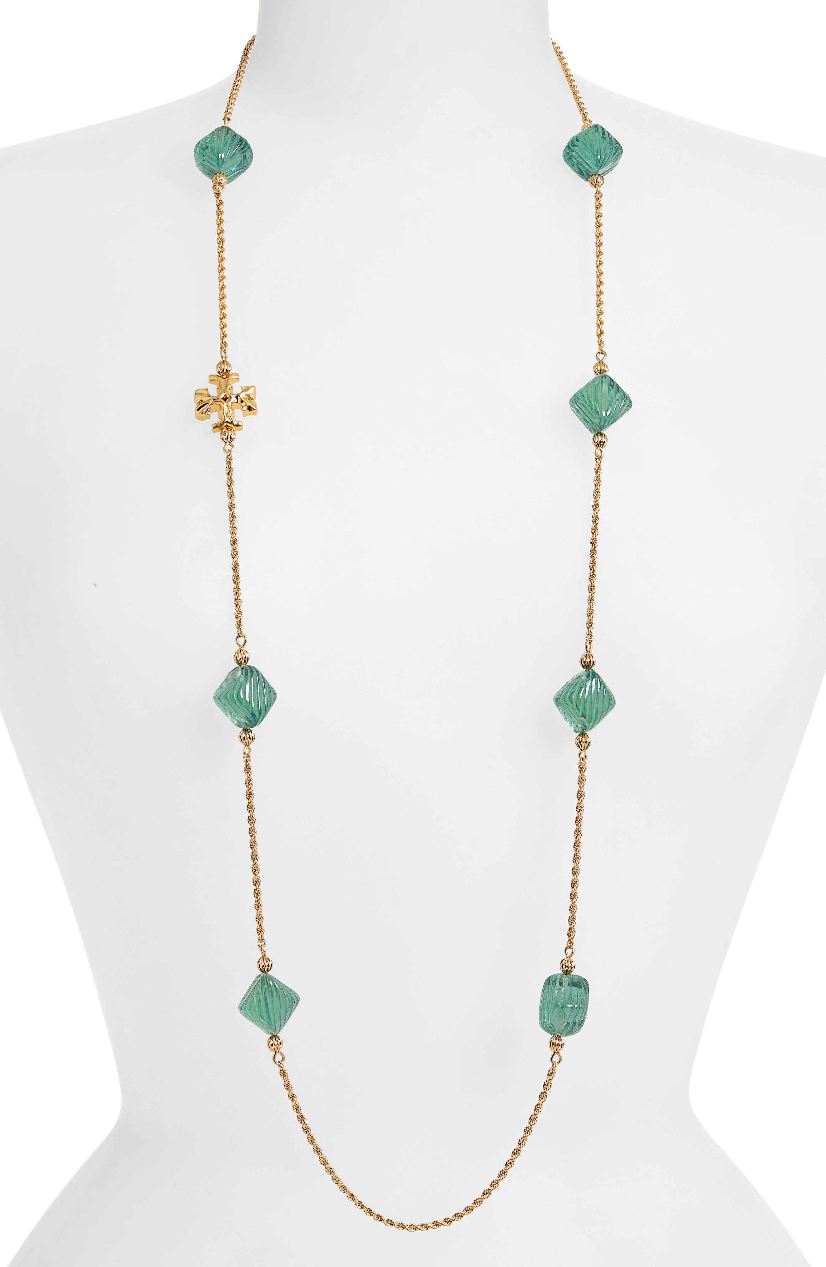 Tory Burch Roxanne Necklace in Rolled Brass /Azure Green