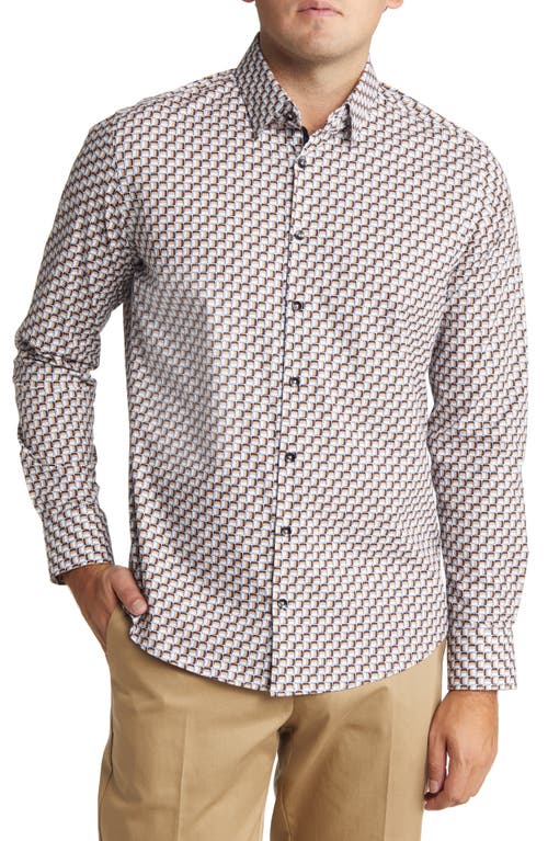 Men's Scotch Print Stretch Cotton Button-Up Shirt in White