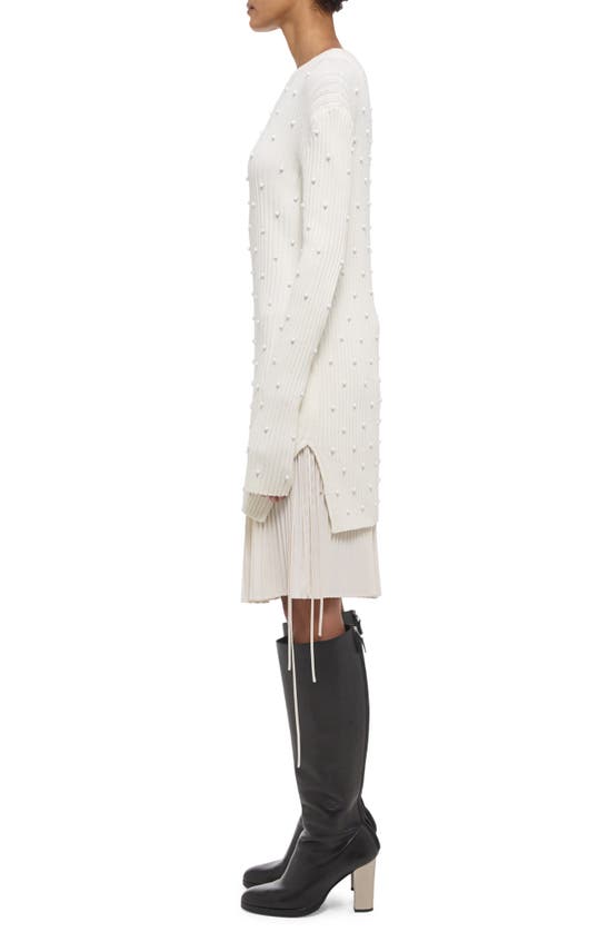 Shop Helmut Lang Beaded Rib Long Sleeve Organic Cotton Sweater Dress In Ivory
