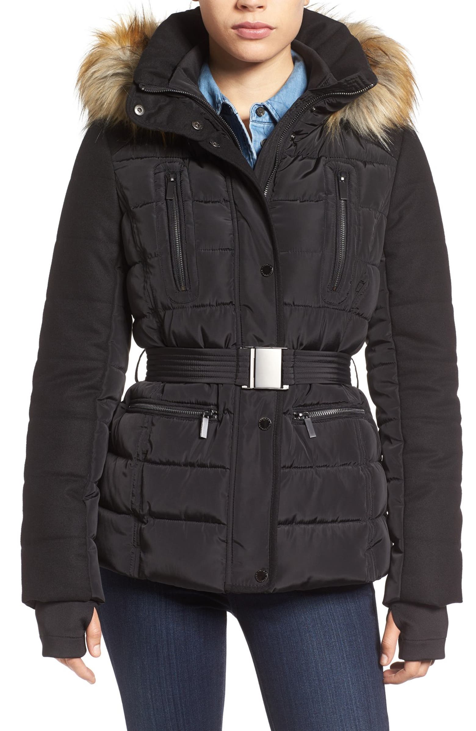 French Connection Belted Quilted Jacket with Faux Fur Trim | Nordstrom