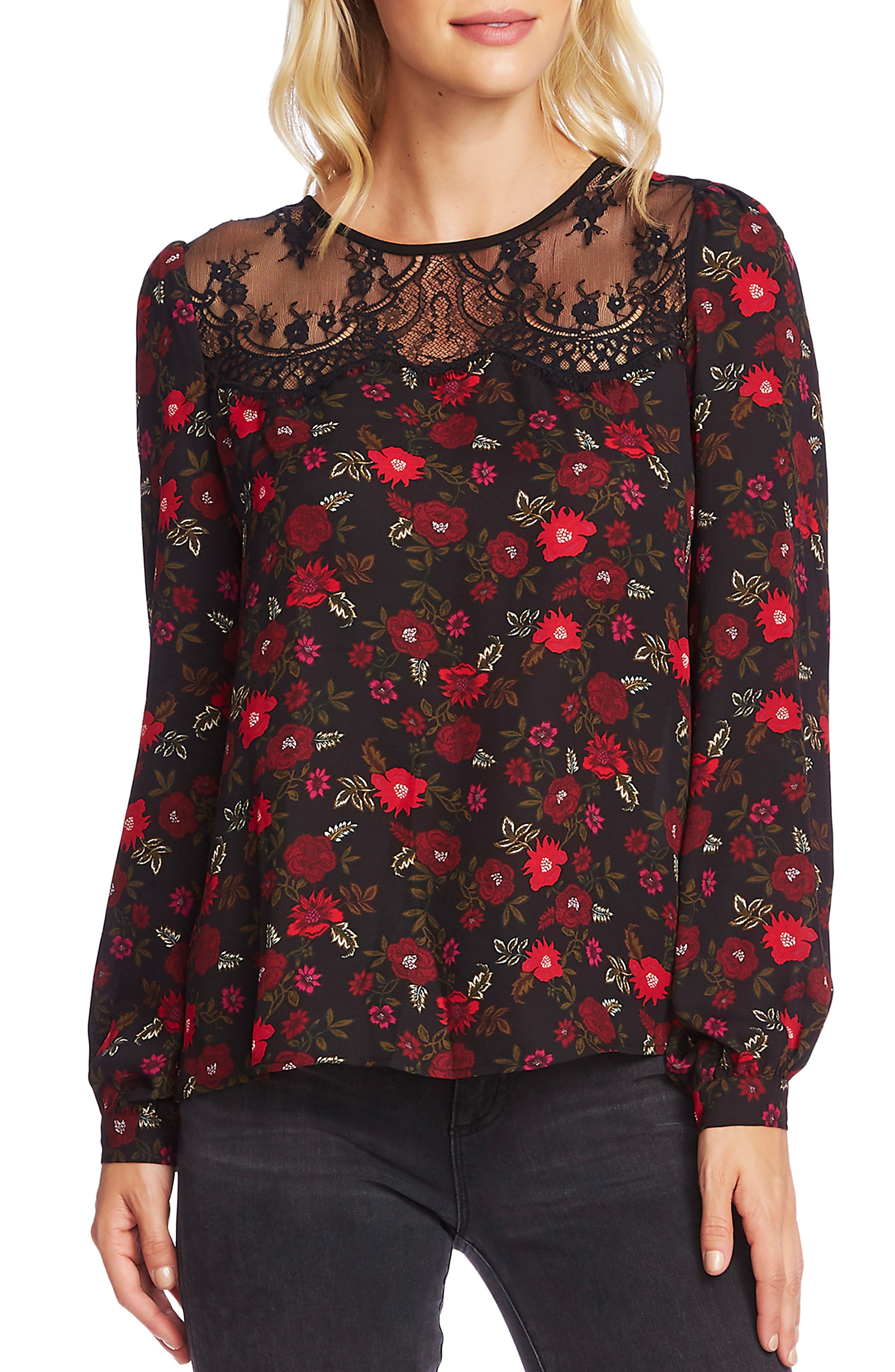 Vince Camuto Tops Forest Bouquet Sheer Yoke Lace Trim Blouse