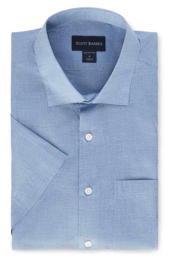 Shop Scott Barber Heathered Chambray Short Sleeve Button-up Shirt In Dusk