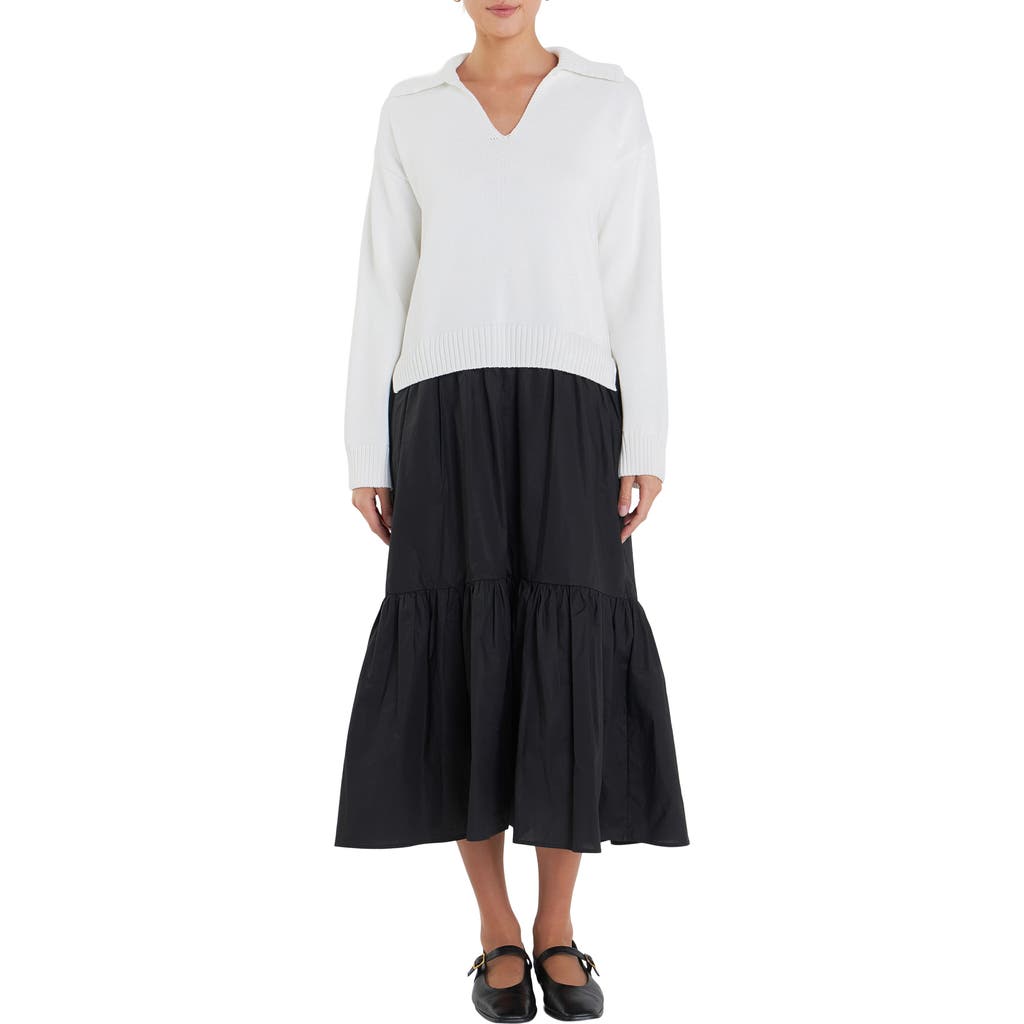 ENGLISH FACTORY ENGLISH FACTORY MIXED MEDIA LONG SLEEVE SWEATER MIDI DRESS