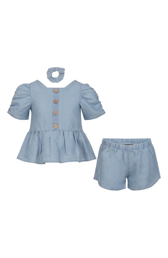 Vince Camuto Kids' Peplum Top, Shorts & Scrunchie Set In Blue