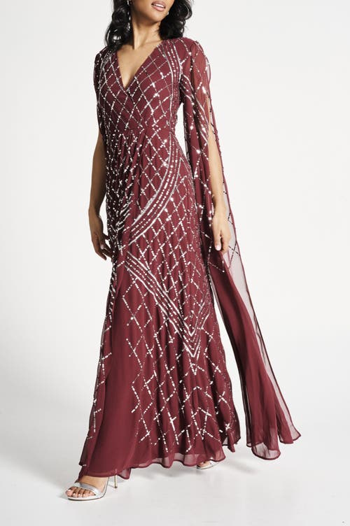 Shop Frock And Frill Cape Sleeve Maxi Gown With Tonal Embellishment In Tawny Port