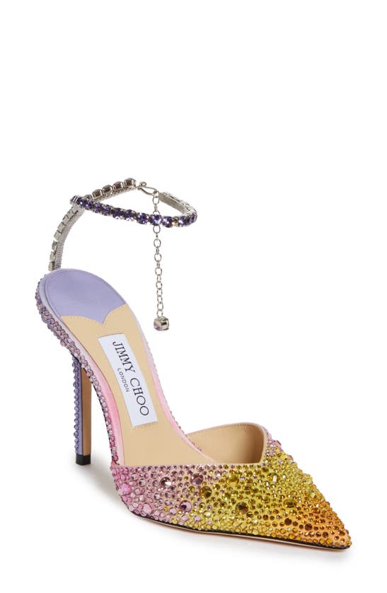 Shop Jimmy Choo Saeda Crystal Ankle Strap Pointed Toe Pump In Sunset Mix/ Crystal
