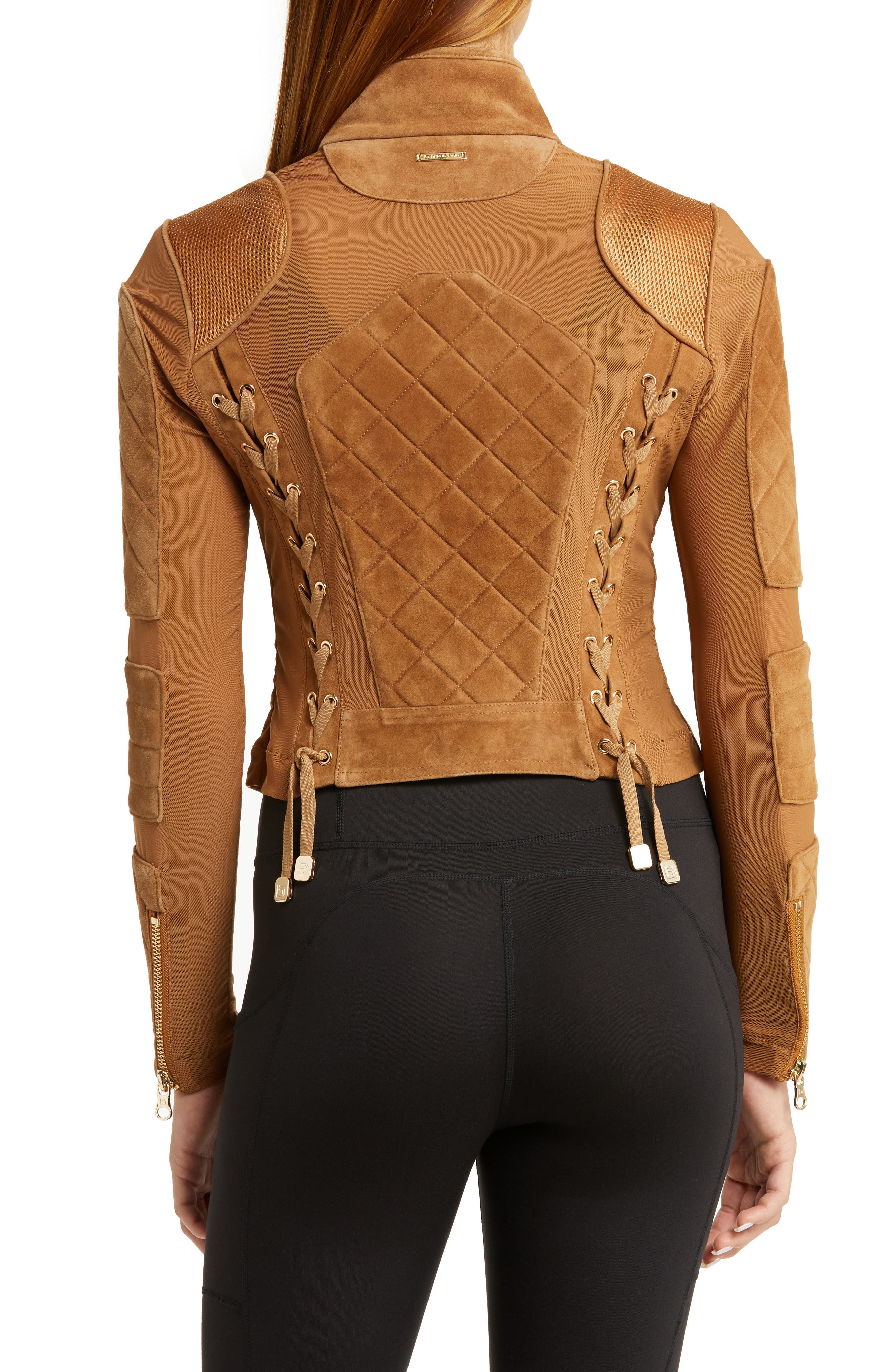 Blanc Noir Mesh Suede Moto Jacket in Brown Sugar Gold Smart Closet